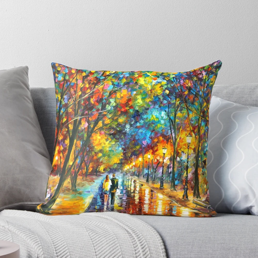 Dreamy forest landscape oil painting on a decorative pillow