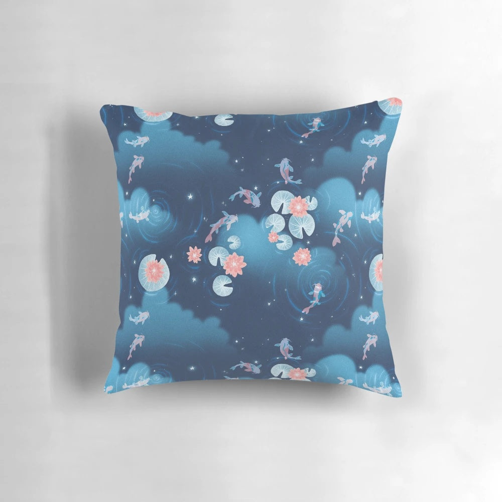 Tranquil koi pond at night with water lilies and a reflective night sky