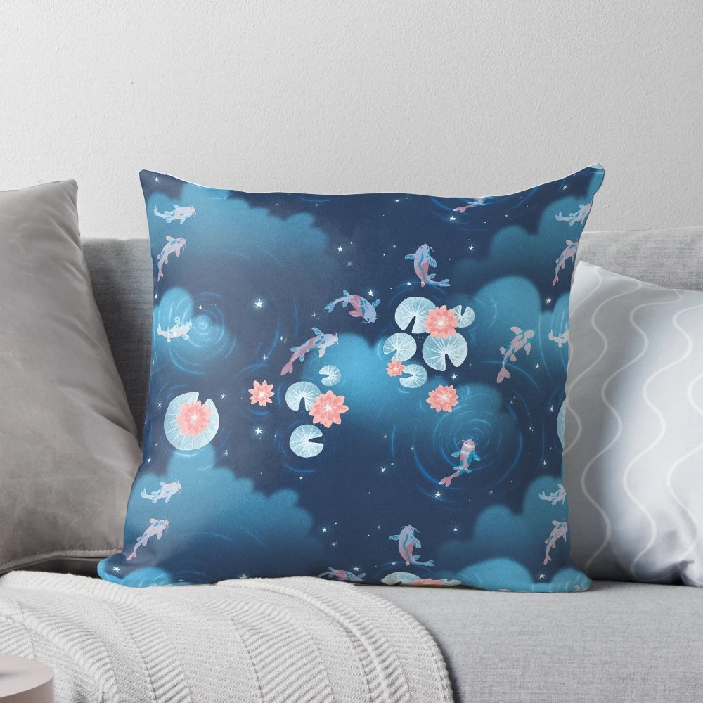 Tranquil koi pond at night with water lilies and a reflective night sky