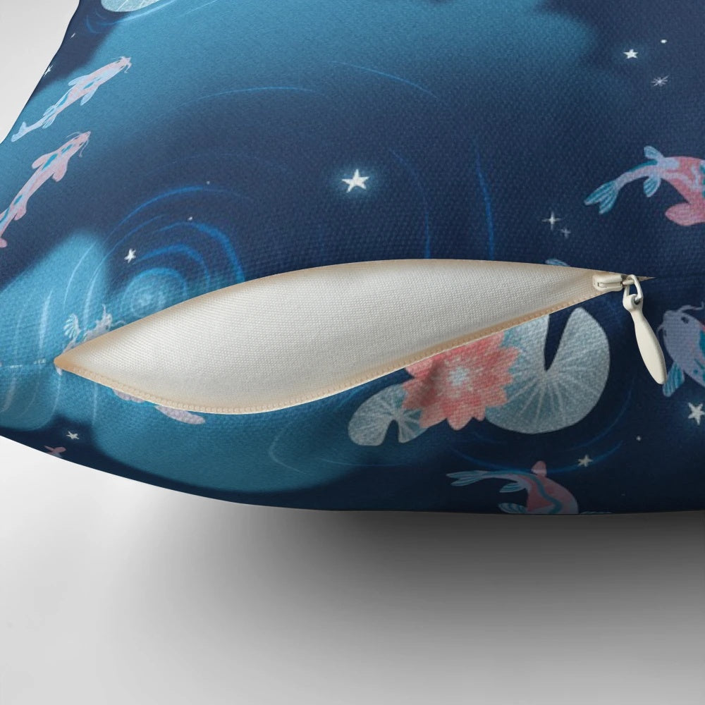 Tranquil koi pond at night with water lilies and a reflective night sky