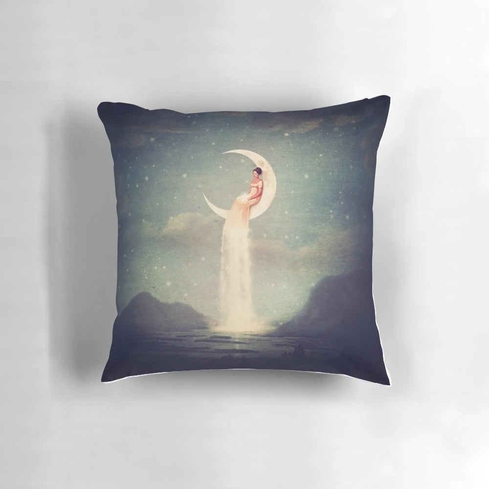Whimsical moon and river pillow with a surreal, fantasy design for a cozy, cosmic-themed bedroom