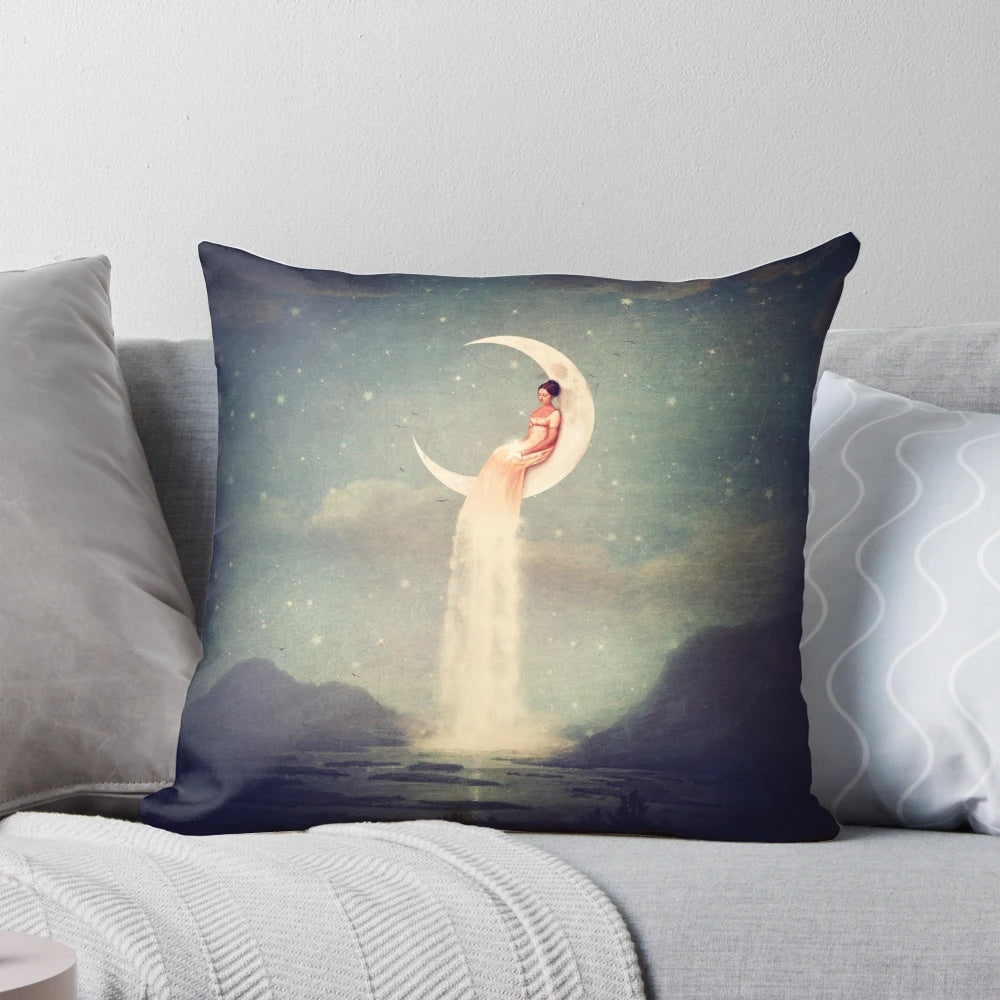 Whimsical moon and river pillow with a surreal, fantasy design for a cozy, cosmic-themed bedroom