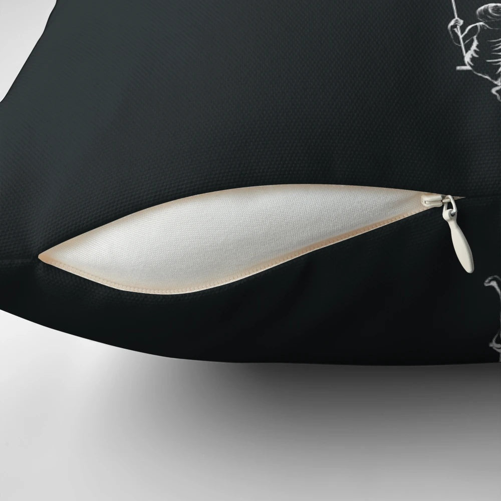 Soft, plush moon-shaped pillow swinging on a metal frame against a starry night sky backdrop