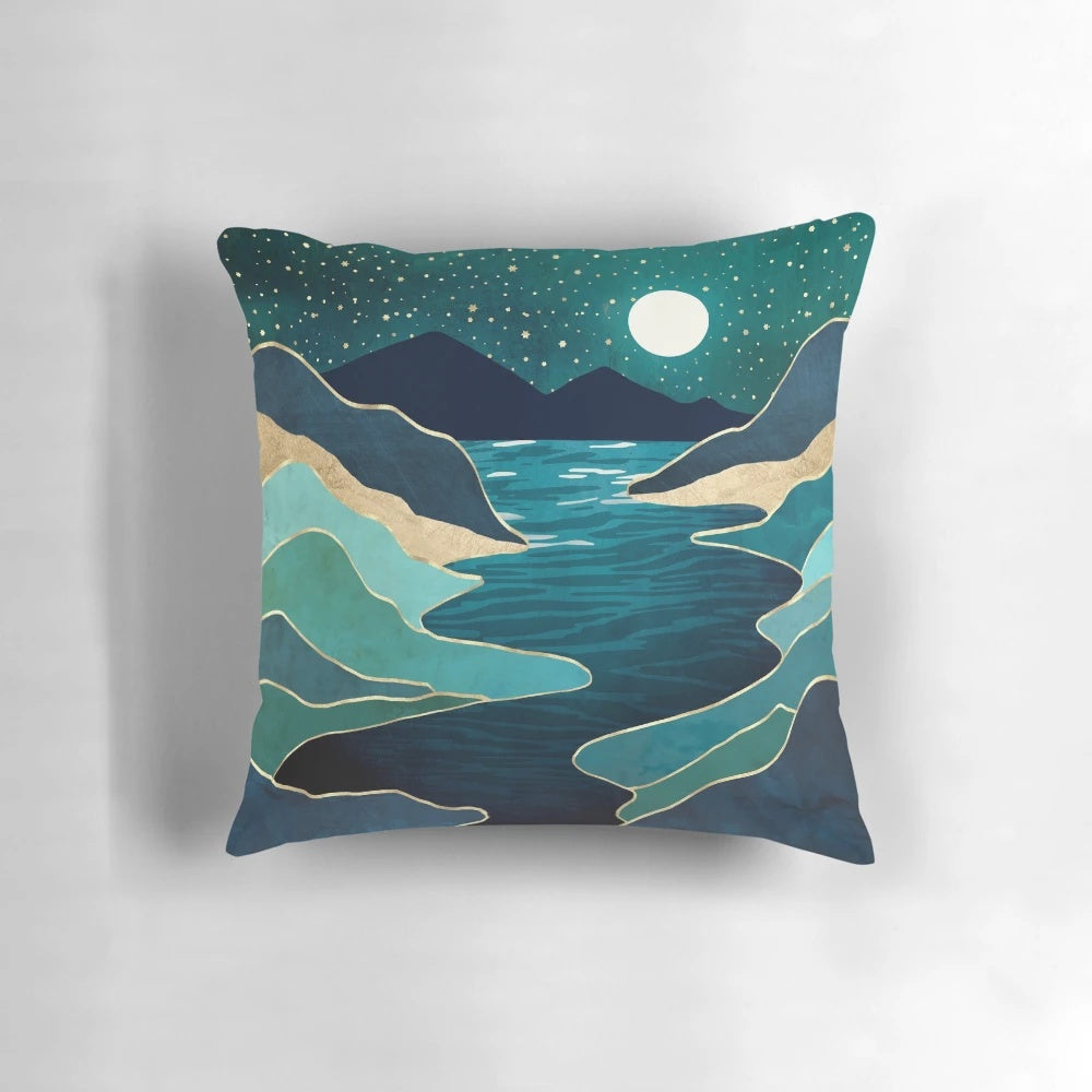 Celestial moon water vista landscape pillow with nature scenery