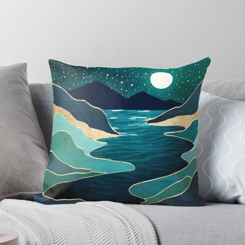 Celestial moon water vista landscape pillow with nature scenery