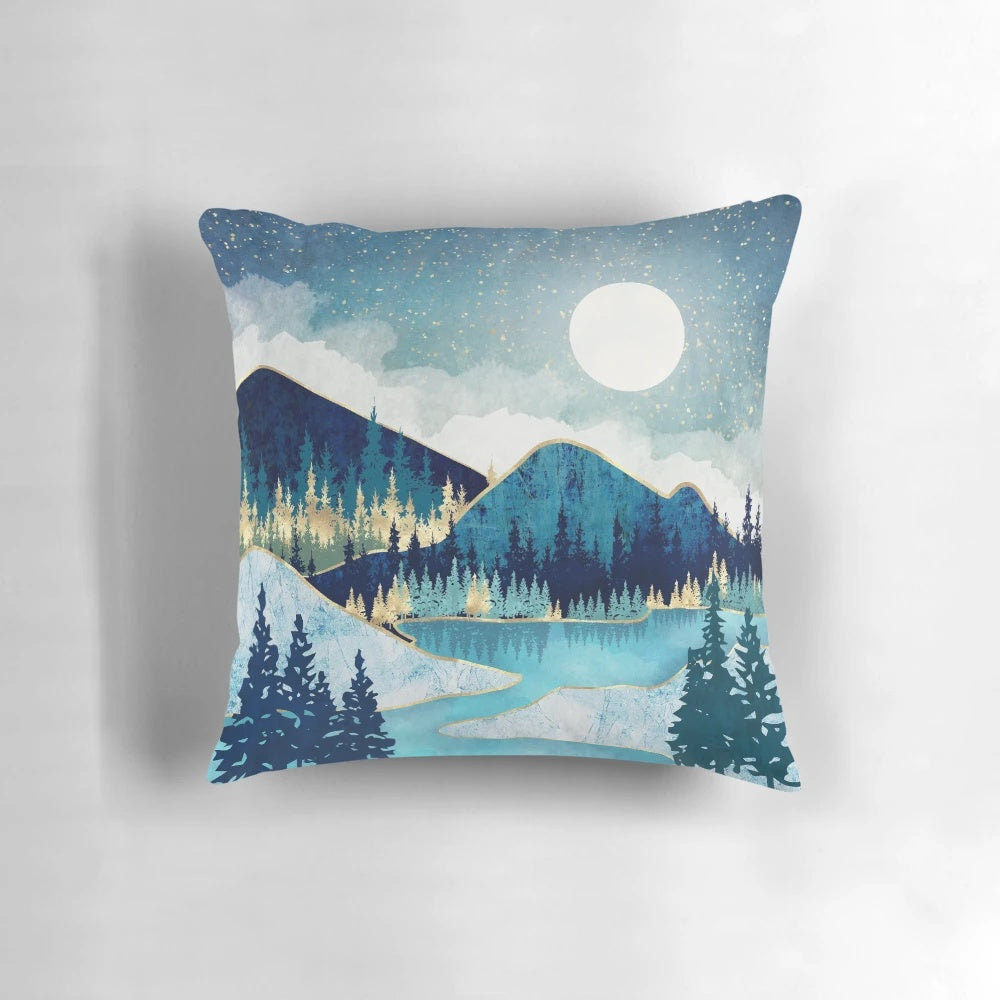 A cozy pillow with a vibrant celestial landscape design featuring stars, trees, and a calming blue and teal color palette.