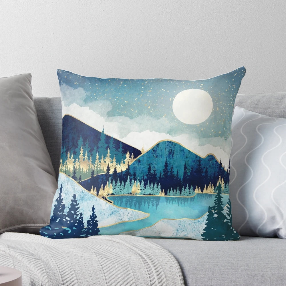 A cozy pillow with a vibrant celestial landscape design featuring stars, trees, and a calming blue and teal color palette.