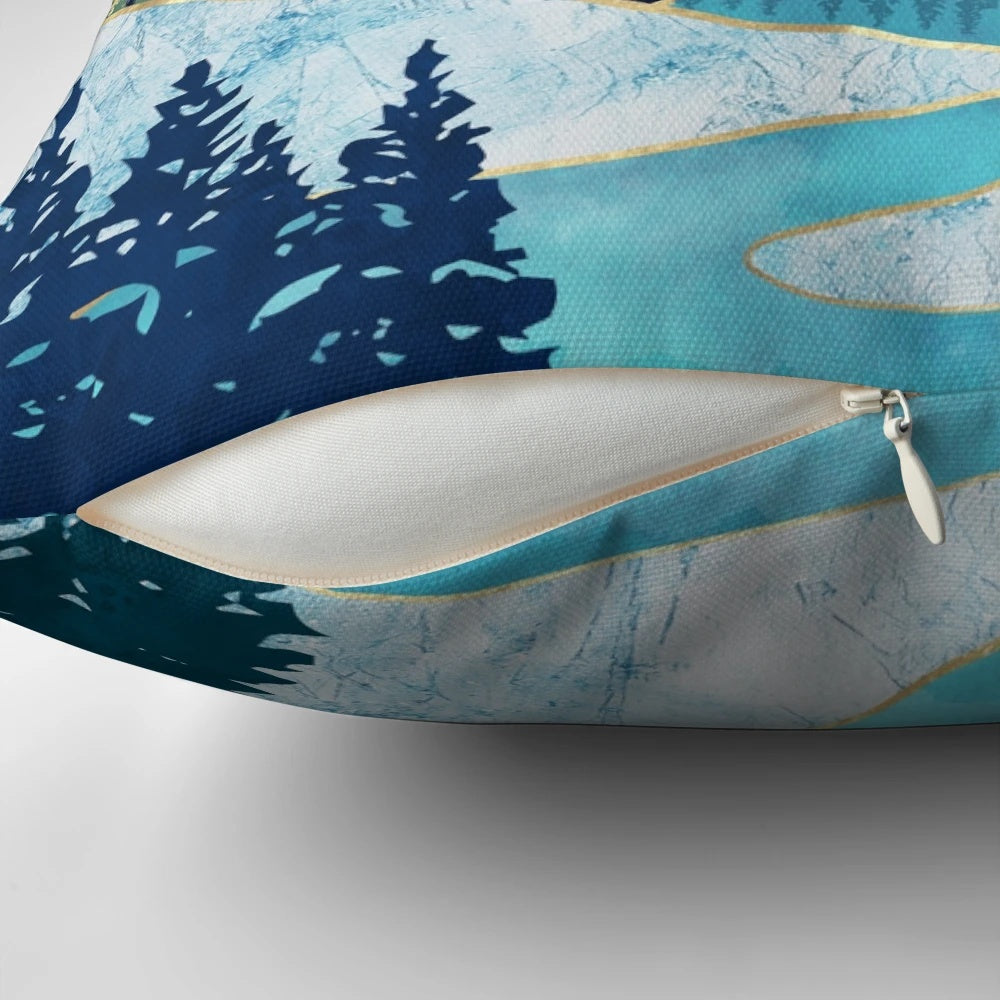 A cozy pillow with a vibrant celestial landscape design featuring stars, trees, and a calming blue and teal color palette.