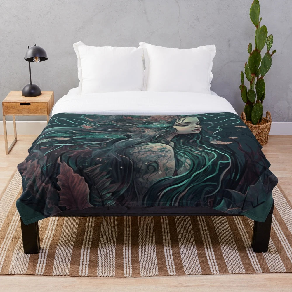 Plush blanket featuring a design of mythical sea creatures