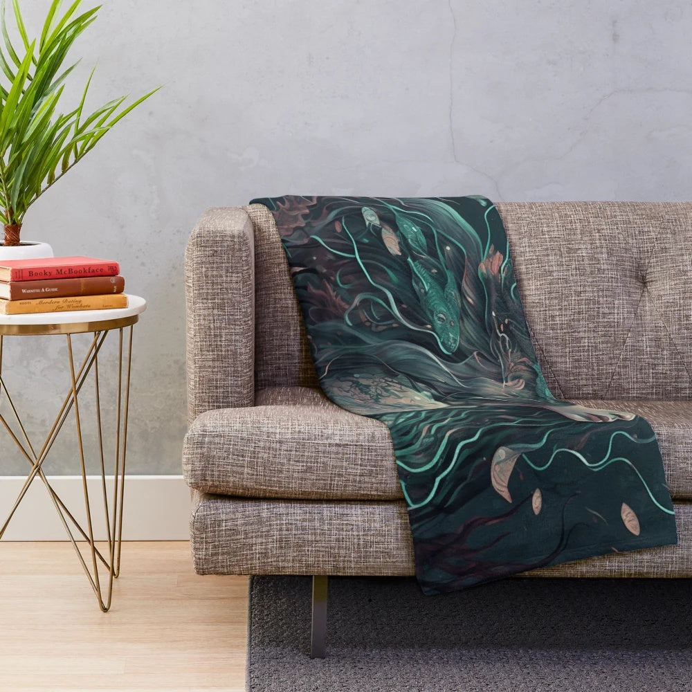 Plush blanket featuring a design of mythical sea creatures