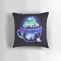 A dreamy, purple and blue Aurora Borealis-inspired tea in a glass teacup, surrounded by stars.