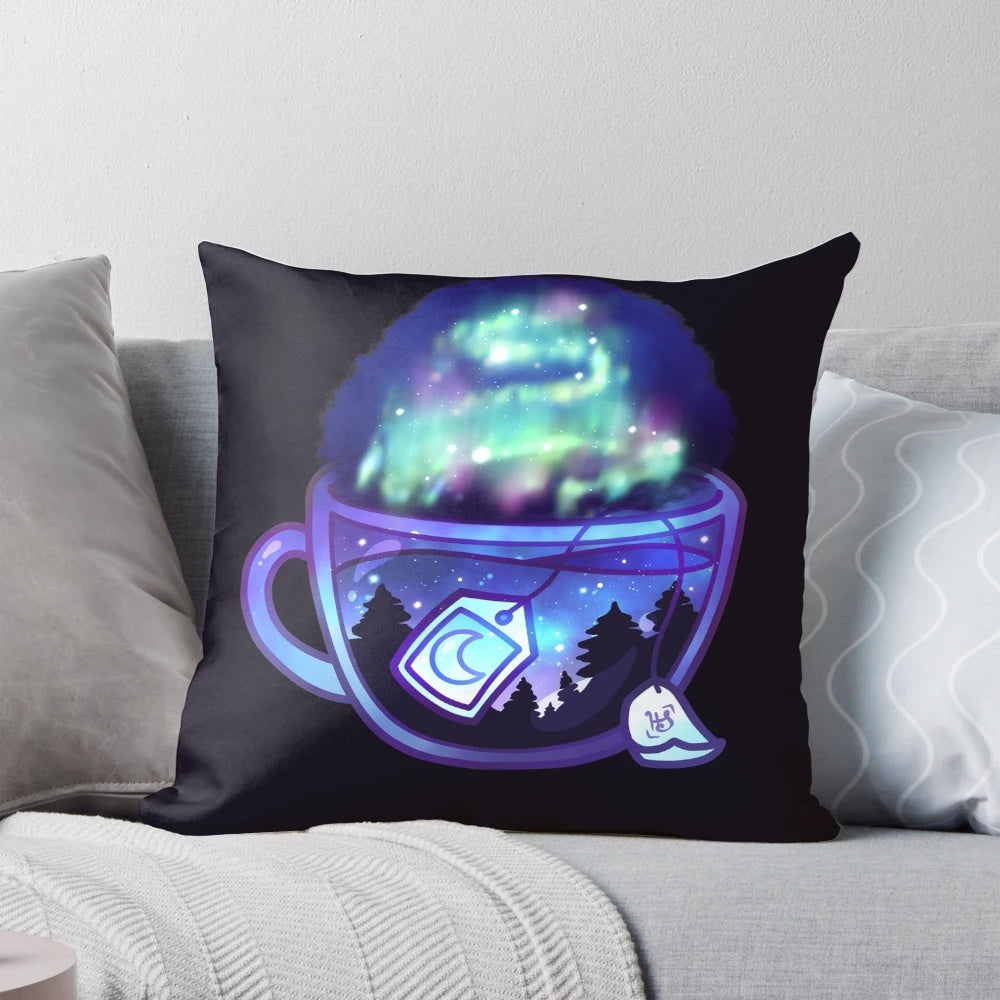 A dreamy, purple and blue Aurora Borealis-inspired tea in a glass teacup, surrounded by stars.