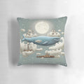 Ocean themed pillow featuring a blue whale, tall ships, and a cloudy sky