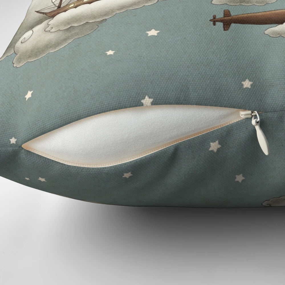 Ocean themed pillow featuring a blue whale, tall ships, and a cloudy sky