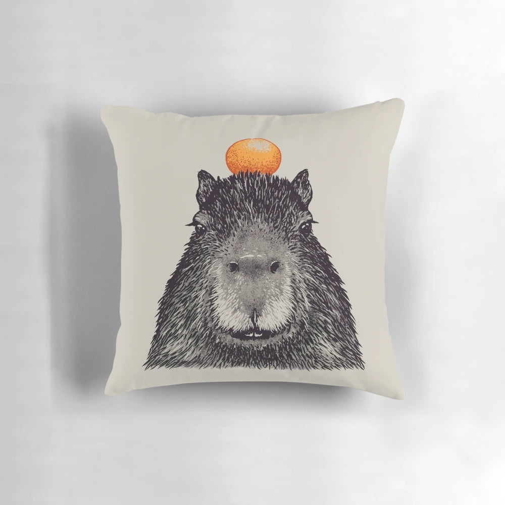 Whimsical portrait of an orange capybara with yuzu fruit on its head, a capybara dream design for home decor.