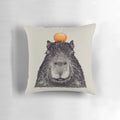 Whimsical portrait of an orange capybara with yuzu fruit on its head, a capybara dream design for home decor.