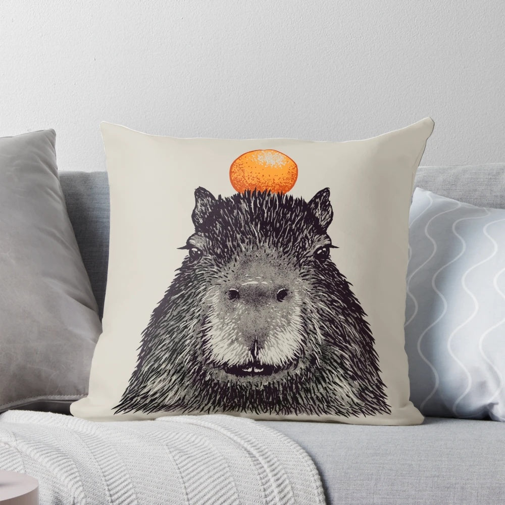 Whimsical portrait of an orange capybara with yuzu fruit on its head, a capybara dream design for home decor.