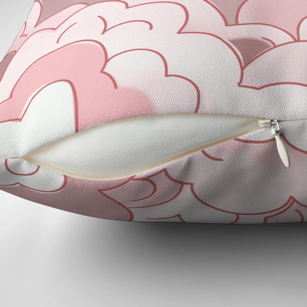 A pink cloud-shaped pillow with a whimsical fairy art design, perfect for napping and relaxation.