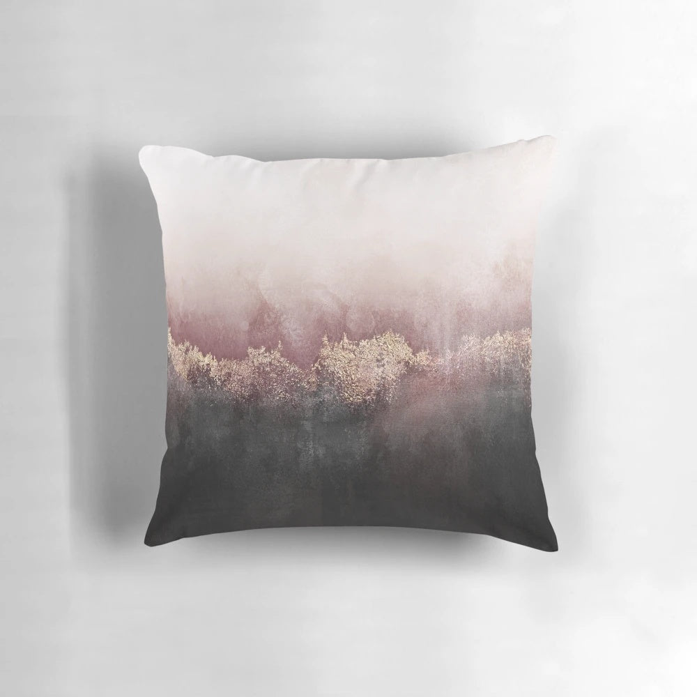 Soft, abstract pink and gold watercolor art pillow for contemporary living spaces