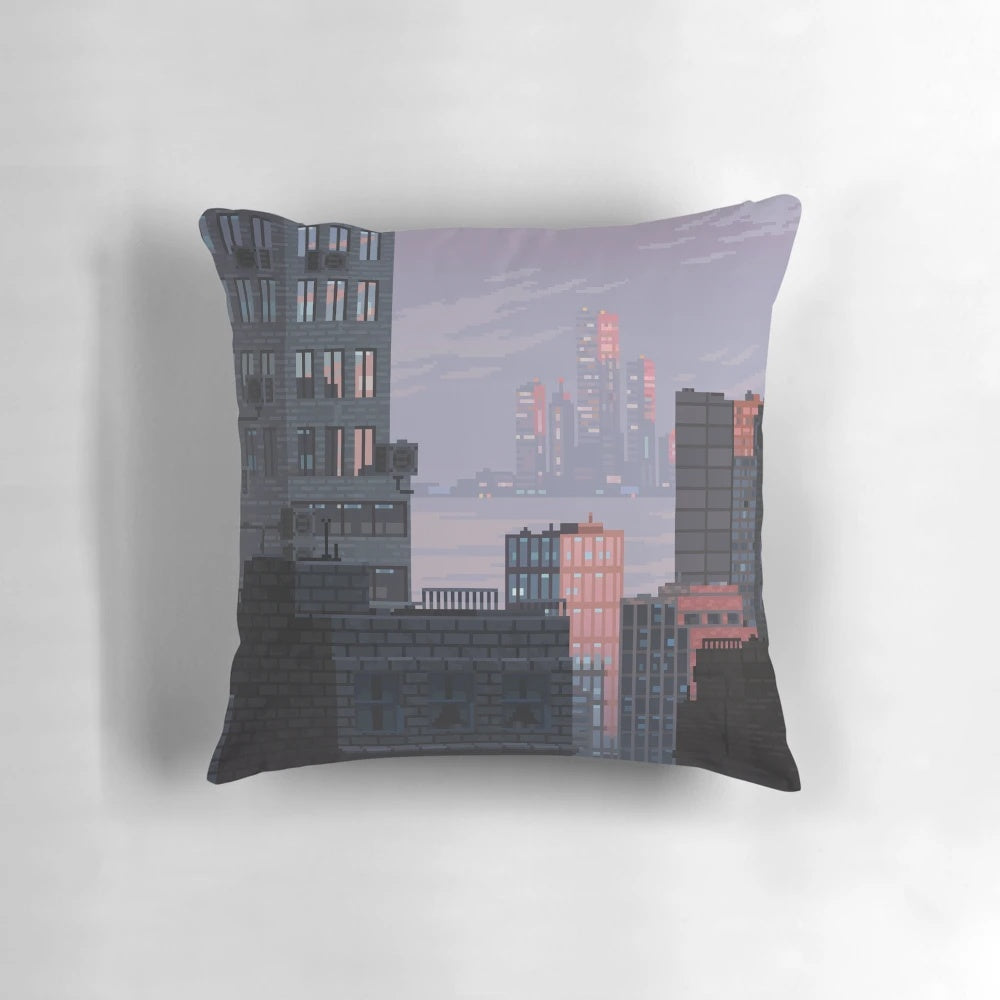 A soft, plush pillow featuring a cute pixel art cityscape with a violet cat, in a pastel sunset color palette.