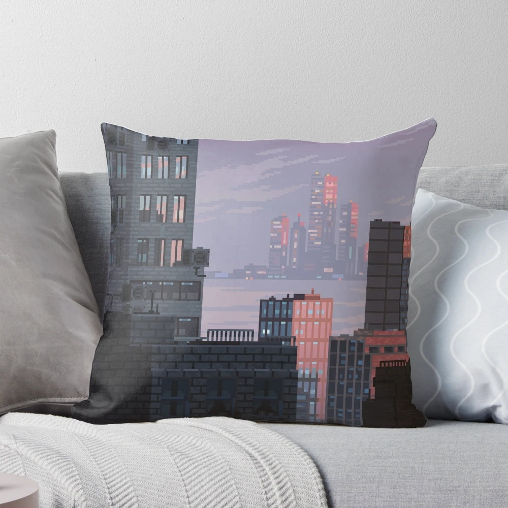 A soft, plush pillow featuring a cute pixel art cityscape with a violet cat, in a pastel sunset color palette.