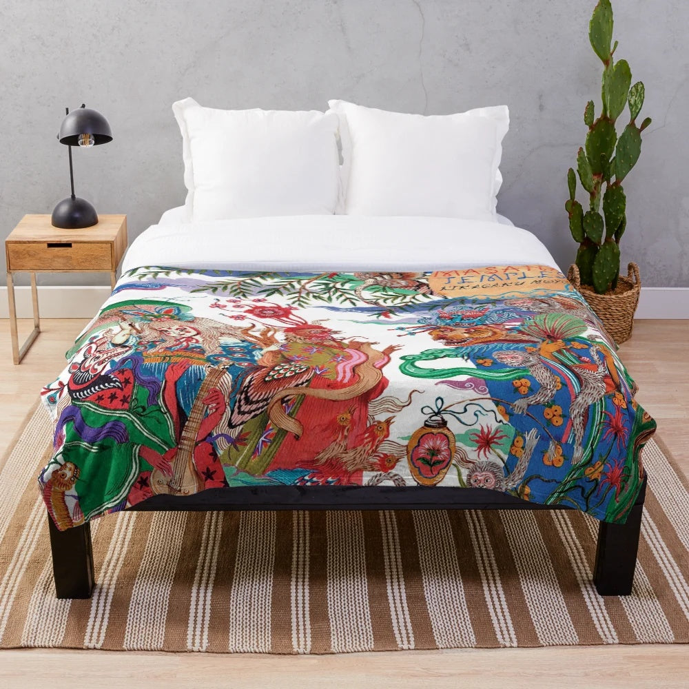Plush blanket with a nature-inspired, psychedelic design