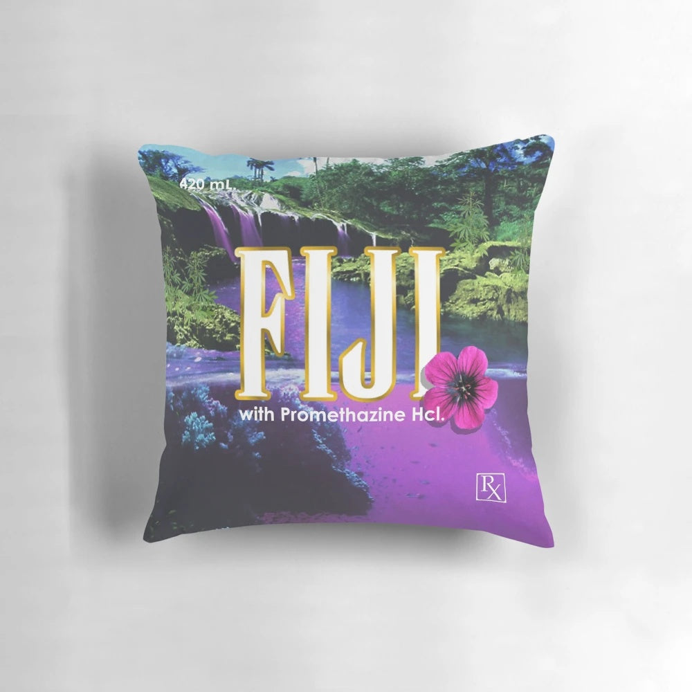 A soft, purple pillow in a vaporwave-inspired landscape, evoking a dreamlike and relaxing atmosphere.
