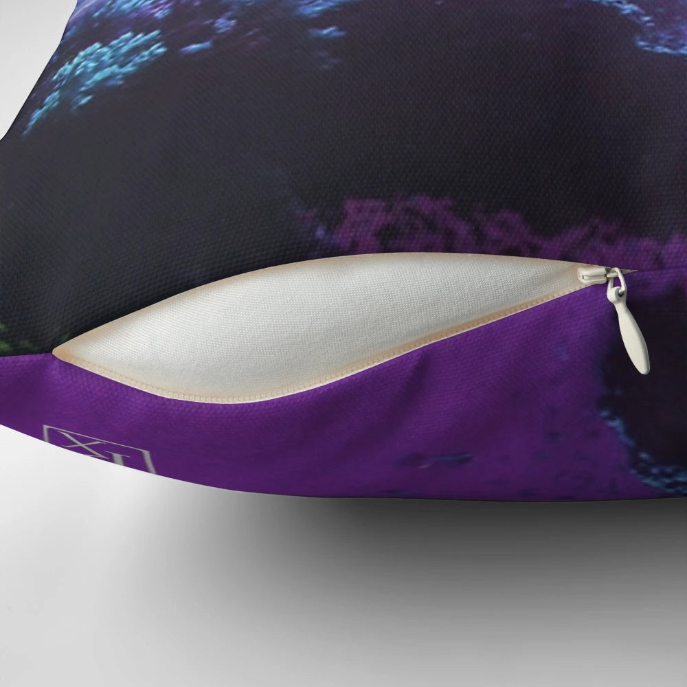 A soft, purple pillow in a vaporwave-inspired landscape, evoking a dreamlike and relaxing atmosphere.