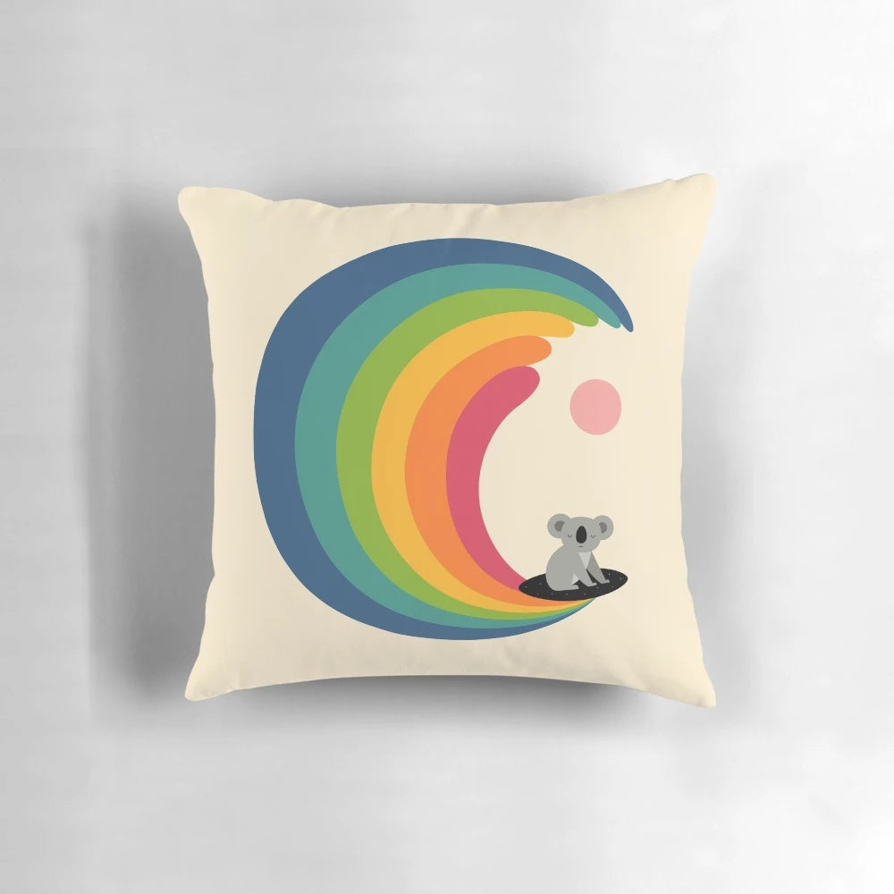 Colorful rainbow koala surfing on a wave pillow for children's bedroom