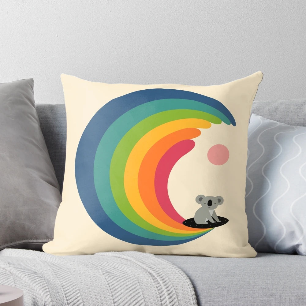 Colorful rainbow koala surfing on a wave pillow for children's bedroom