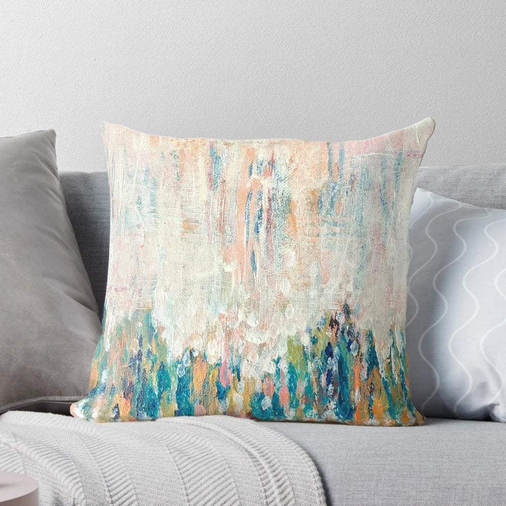 Raining Up abstract design rain pillow with colorful dots and raindrops