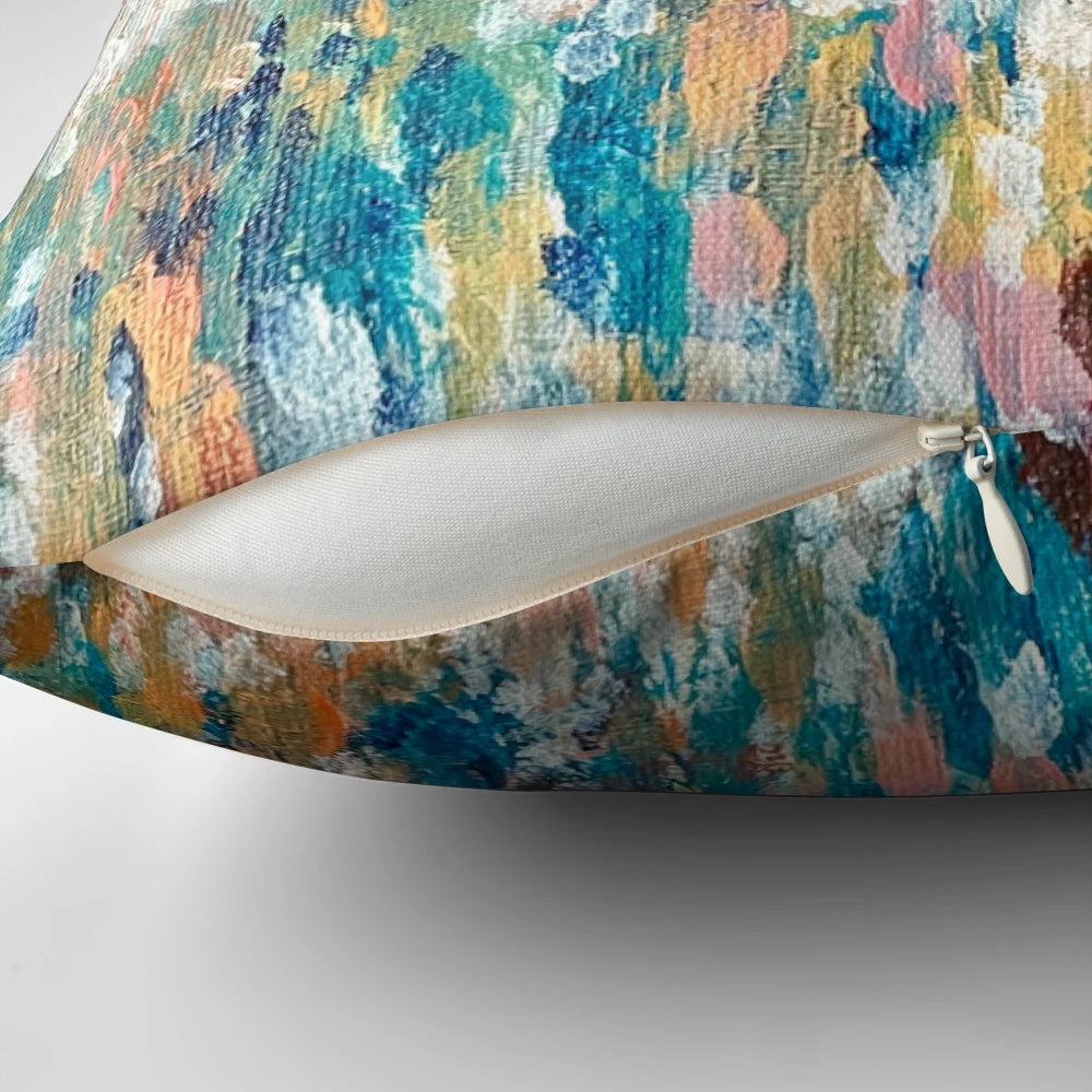 Raining Up abstract design rain pillow with colorful dots and raindrops