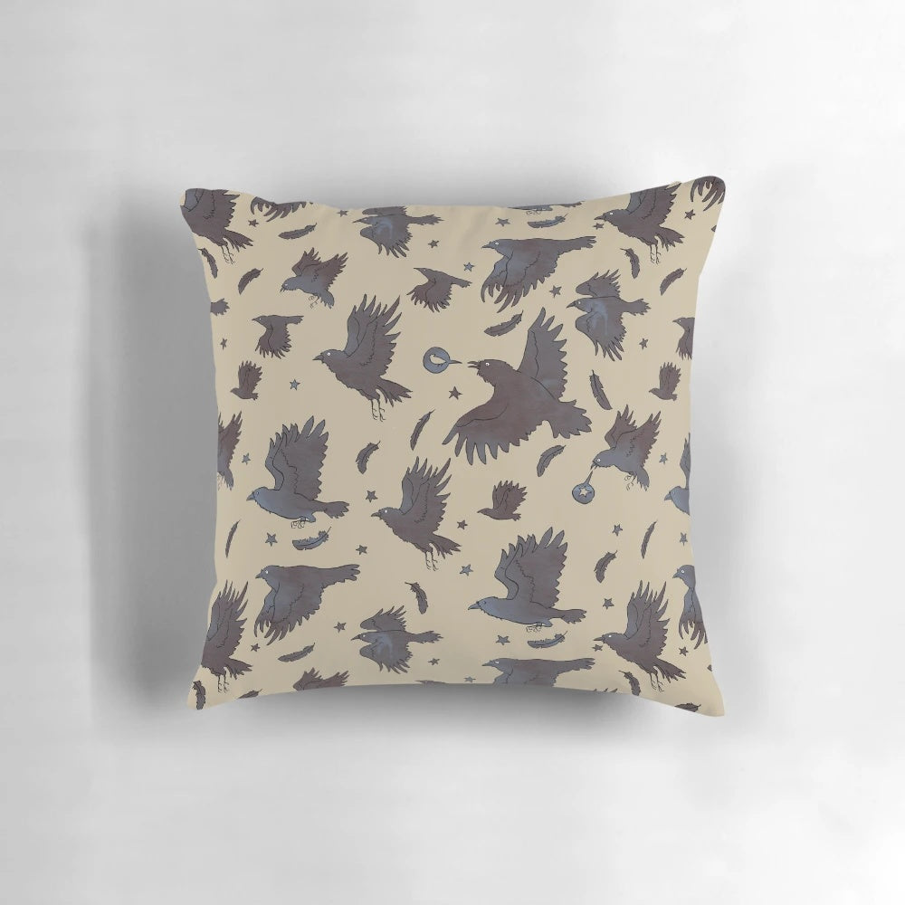 A decorative pillow featuring a flock of ravens or crows soaring against a starry night sky, creating a captivating and fantasy-inspired design.