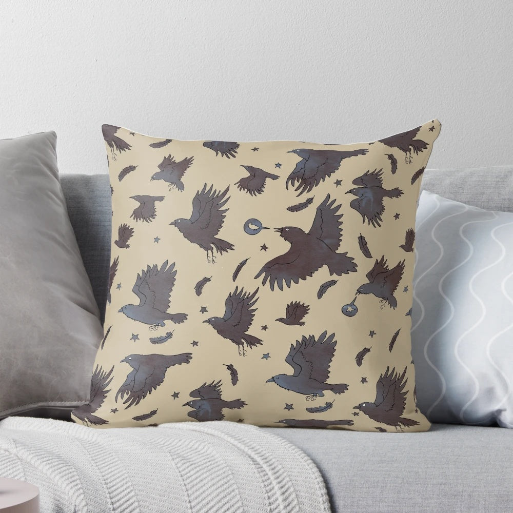 A decorative pillow featuring a flock of ravens or crows soaring against a starry night sky, creating a captivating and fantasy-inspired design.