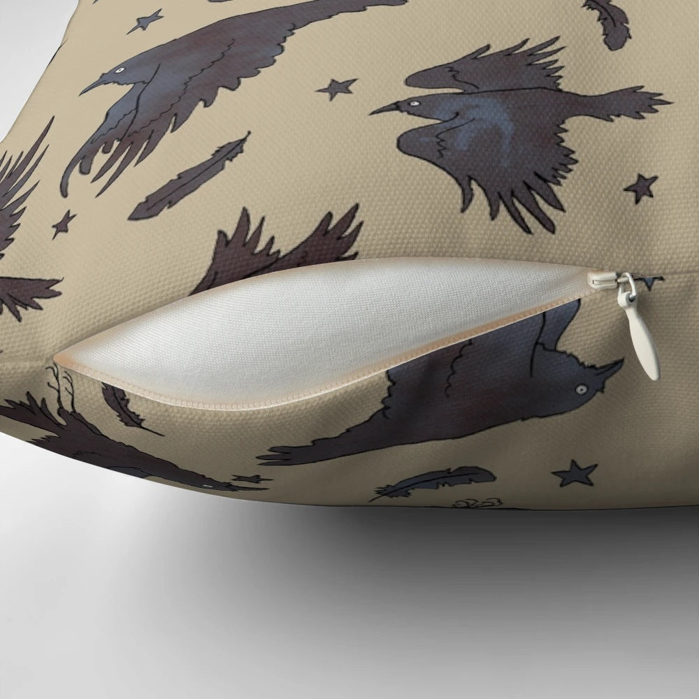 A decorative pillow featuring a flock of ravens or crows soaring against a starry night sky, creating a captivating and fantasy-inspired design.