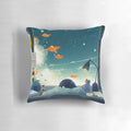 A cozy, decorative pillow featuring a whimsical, surreal design with a cat, goldfish, and seerlight cloud motif.