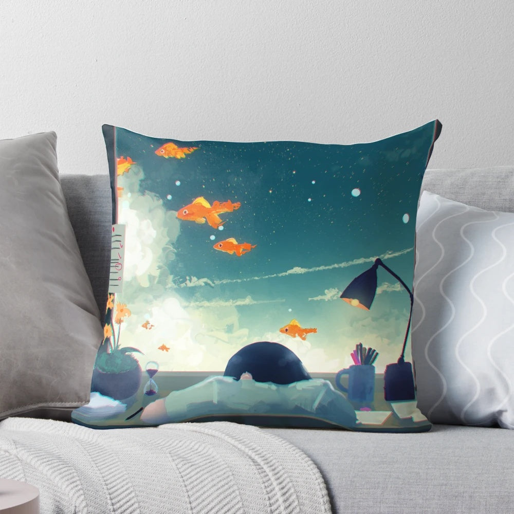 A cozy, decorative pillow featuring a whimsical, surreal design with a cat, goldfish, and seerlight cloud motif.