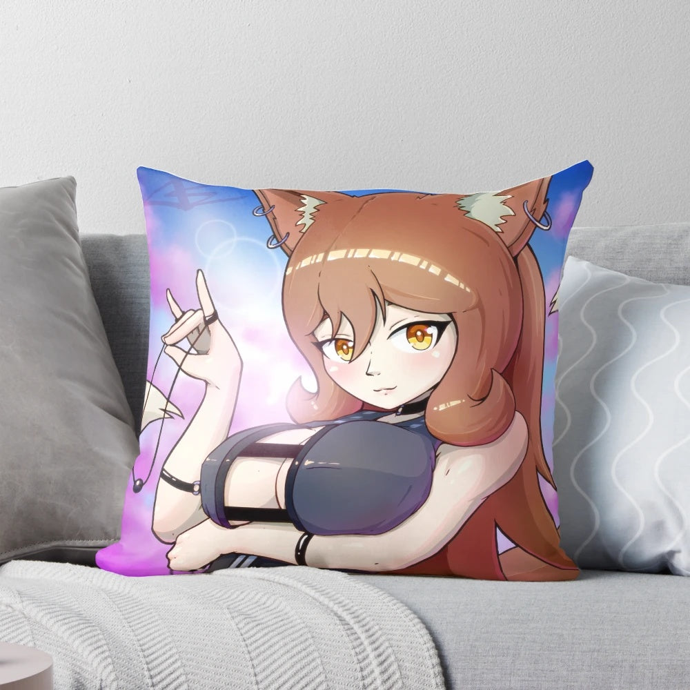 Soft, plush pillow featuring a beautiful anime fox girl character with dreamy skies