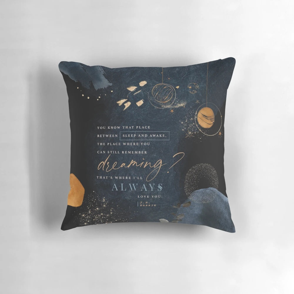 A soft, modern pillow with an abstract design inspired by the classic story of Peter Pan