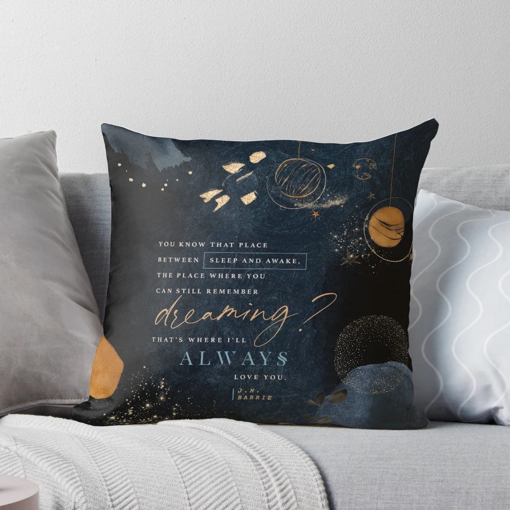 A soft, modern pillow with an abstract design inspired by the classic story of Peter Pan