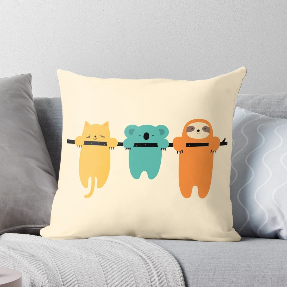 Decorative pillow featuring a sloth and other cute animals in a fantasy, universe-inspired design