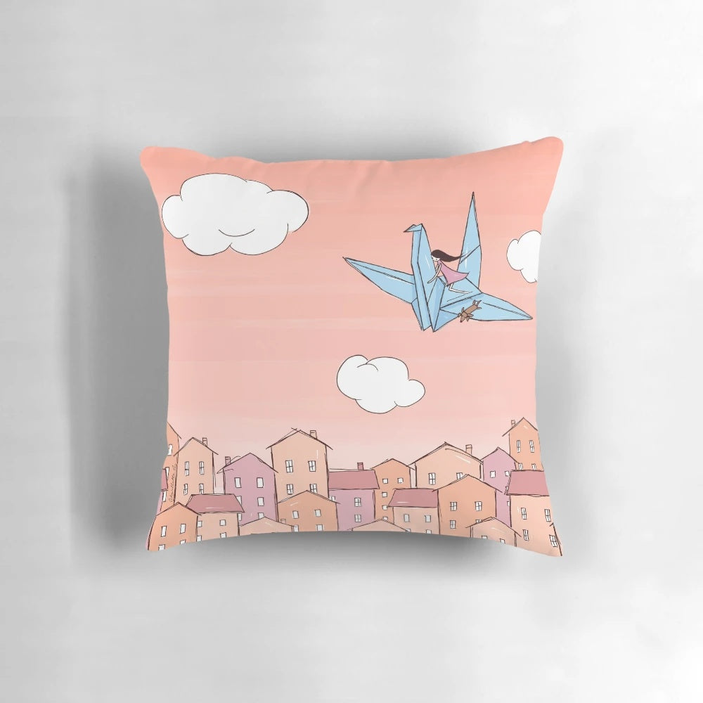 Soft, plush sunrise-inspired pillow with dreamy, whimsical design