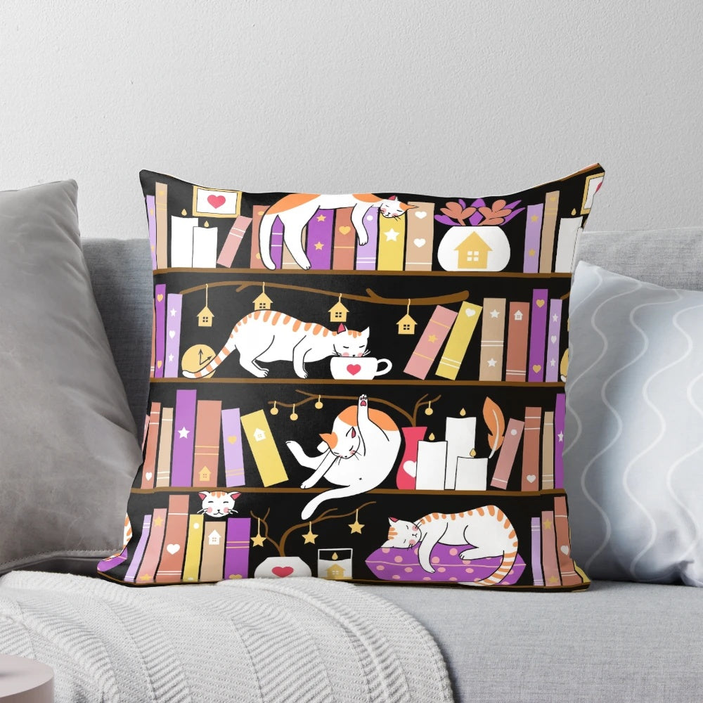 A cozy violet pillow featuring a cartoon cat lounging on a bookshelf