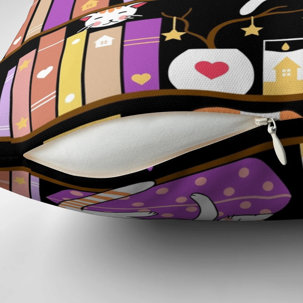 A cozy violet pillow featuring a cartoon cat lounging on a bookshelf