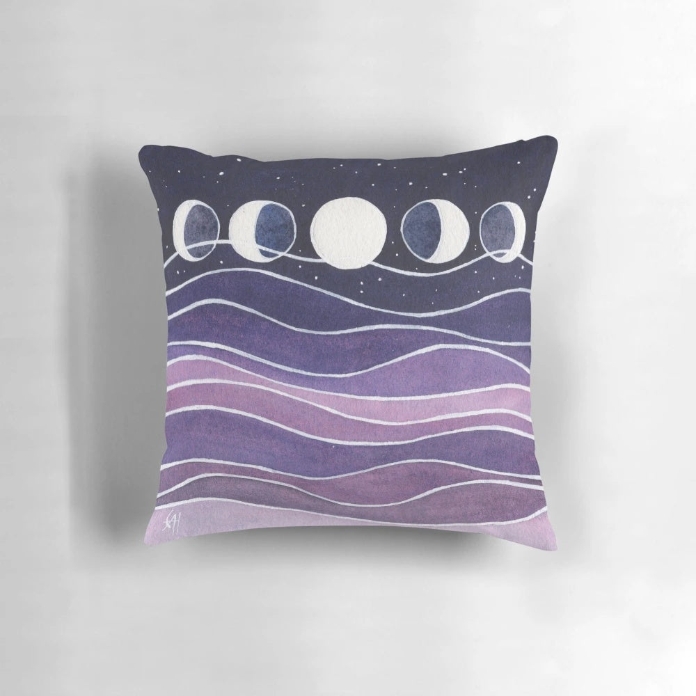 Soft, plush pillow featuring a serene purple and blue watercolor moon design