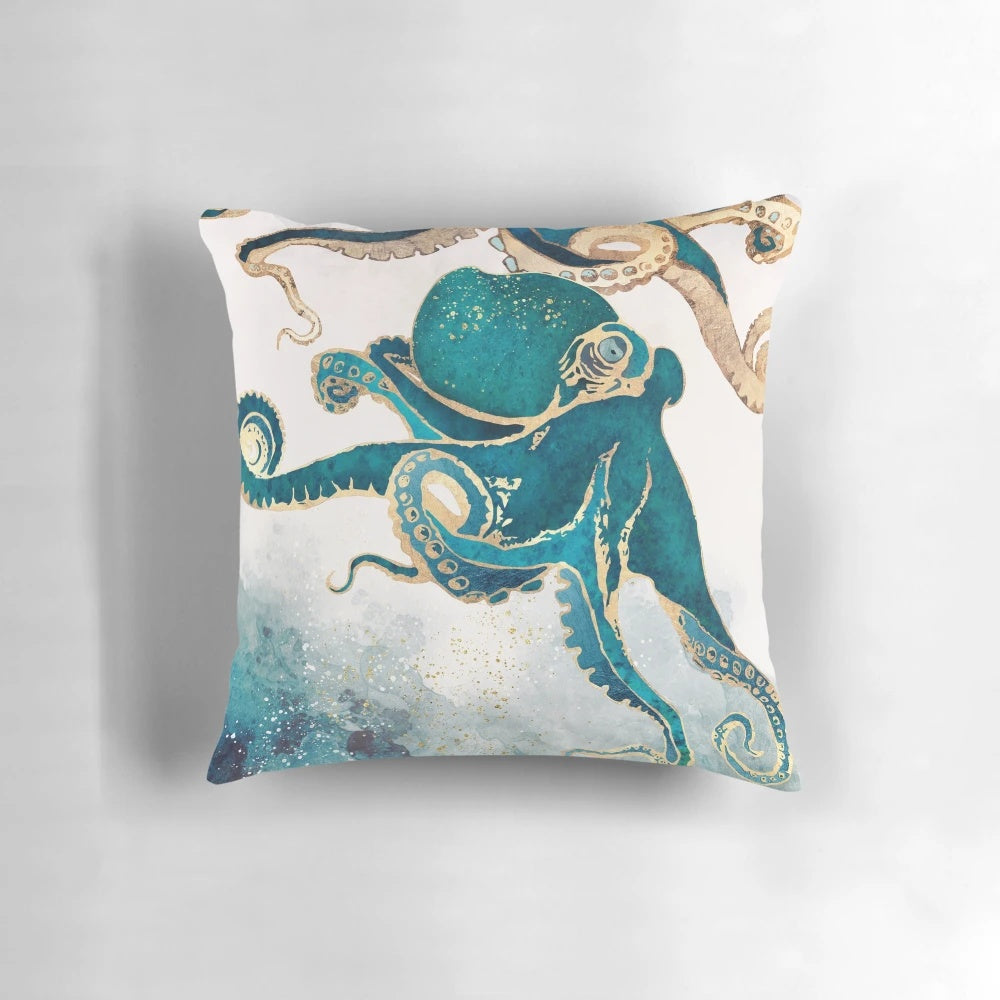 Underwater Dream V Pillow featuring a watercolor octopus design in shades of blue, gold, and mint