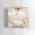 Whimsical vintage-inspired pillow design featuring a couple riding a tandem bicycle among clouds and hot air balloons, with a focus on the "Wednesday Dream" theme.