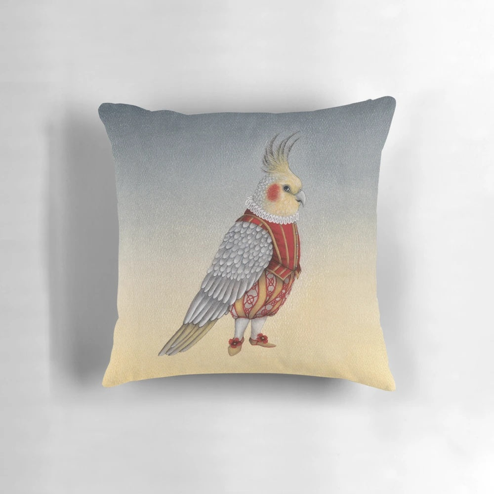 A decorative pillow featuring a cockatiel in a whimsical costume