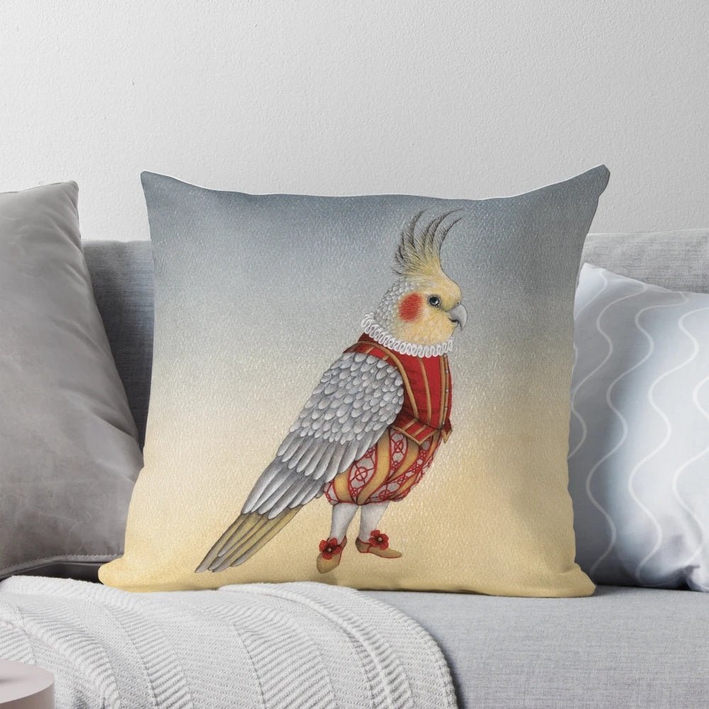 A decorative pillow featuring a cockatiel in a whimsical costume