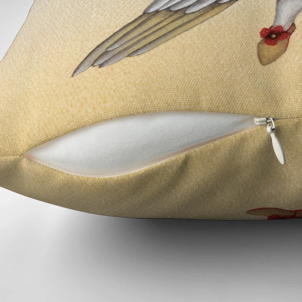 A decorative pillow featuring a cockatiel in a whimsical costume